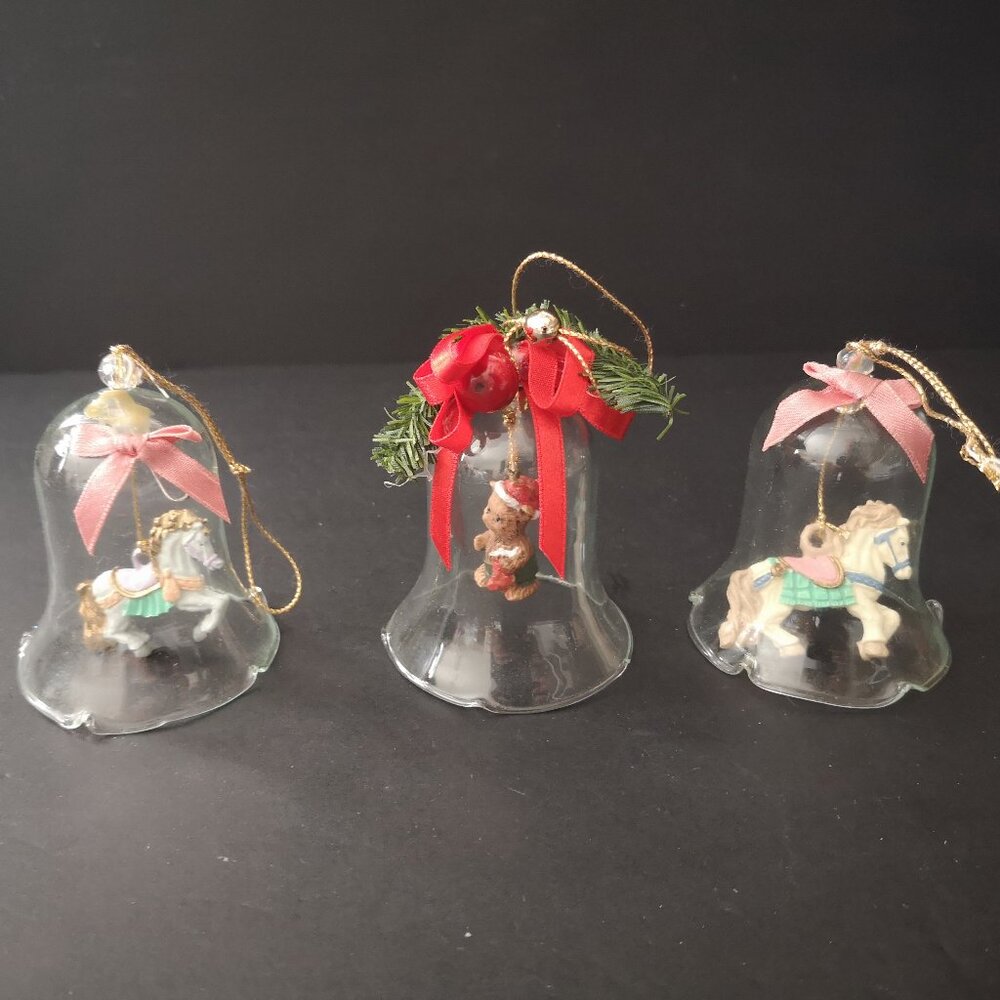 Set of 3 Christmas Tree Ornaments Glass Bells w/ Hand Painted Horses & Bear